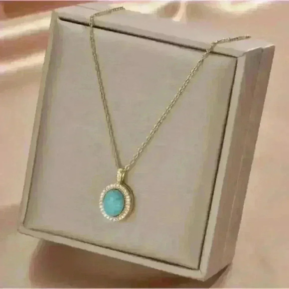 Larimar Stone Pendant with sparkling crystals in gold necklace - Picture 3 of 4